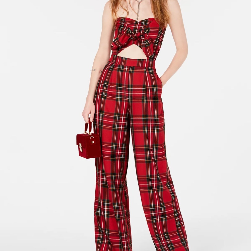 Red Plaid Strapless Cutout Jumpsuit